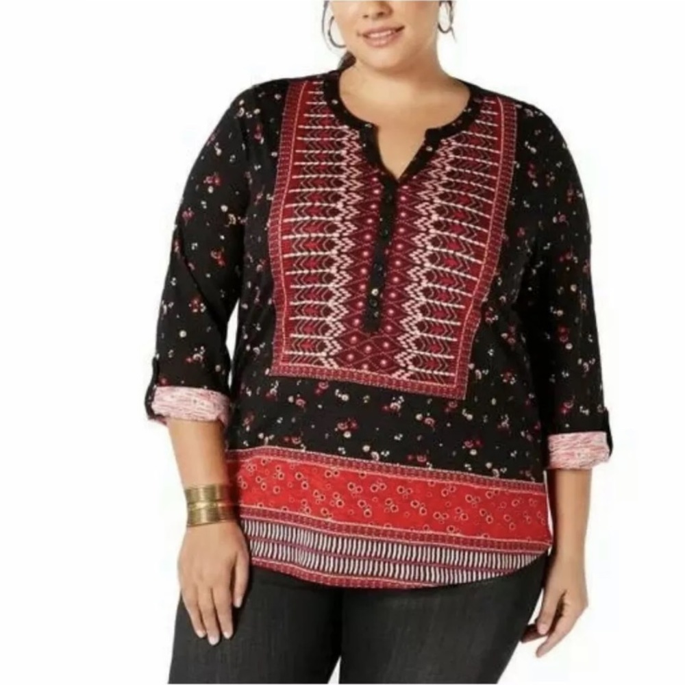 Style & Co. Womens Black Printed Casual Top Shirt